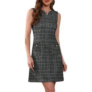 Women’s Tweed Dress Sleeveless Above Knee V Neck Plaid Business Casual